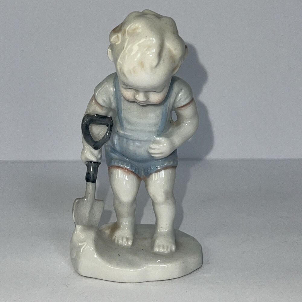 Vintage Porcelain Little Boy With Shovel Overalls Knickknack Made In Japan
